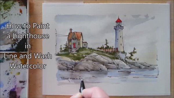How to paint a Lighthouse in Line and Wash Watercolor Lesson. Peter Sheeler