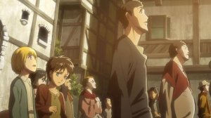 Аниме «Атака титанов». Момент: «Всё спокойно» + пробитие стены Мария + нападение титанов + хаос