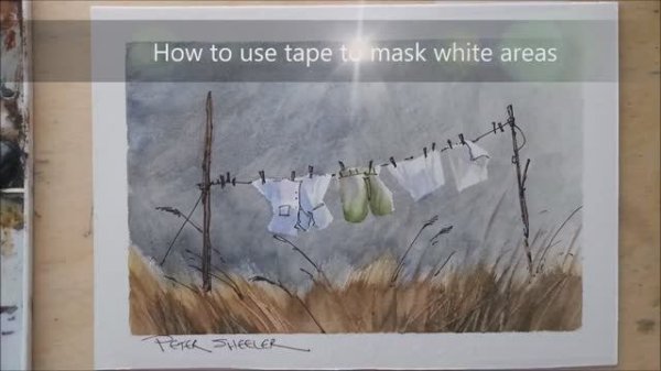 Line and wash of Wash on the Line :) Masking tape to preserve whites. Watercolor. Peter Sheeler