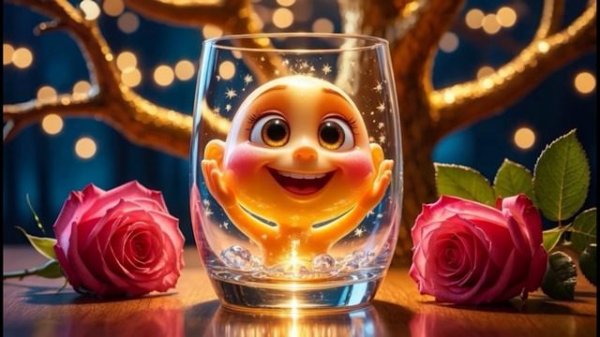 Бокал яркий, кристально прозрачный персонаж с большими глазами и милой улыбкой.