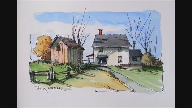 Paint an Autumn Farm with Deep Shadows. Line and wash watercolor. Peter Sheeler смотреть онлайн
