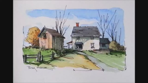 Paint an Autumn Farm with Deep Shadows. Line and wash watercolor. Peter Sheeler