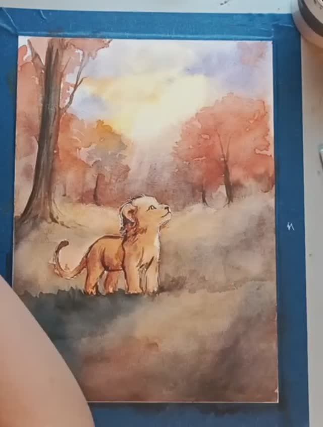 Рисунок акварелью "Львёнок в лучах солнца". Урок доступен на моём канале смотреть онлайн