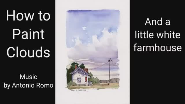 How to paint clouds in watercolor. And a little farmhouse. Simple and quick technique. смотреть онлайн