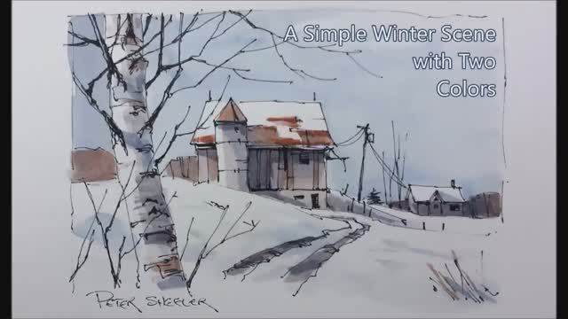 Draw and paint snow and shadows. Pen and Wash winter Barn. Just two colors. Peter Sheeler смотреть онлайн