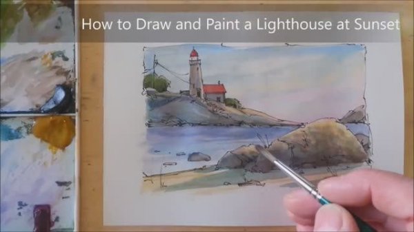 How to Draw and Paint Lighthouse at Sunset. Line and Wash Watercolor. Layering color. Peter Sheeler