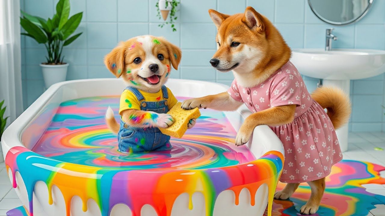 Щенок открывает все цвета радуги 🌈 Рисует гигантский шедевр вместе с мамой 🎨🐶 смотреть онлайн