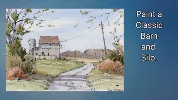 🍿 Classic Line and Wash Barn and Silo watercolor. Simple colors. Easy sky wash. Peter Sheeler