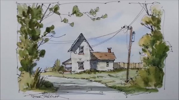 Pen and Wash Fall Farmhouse Watercolor Tutorial. Quick and  Fun beginner Lessons. Peter Sheeler