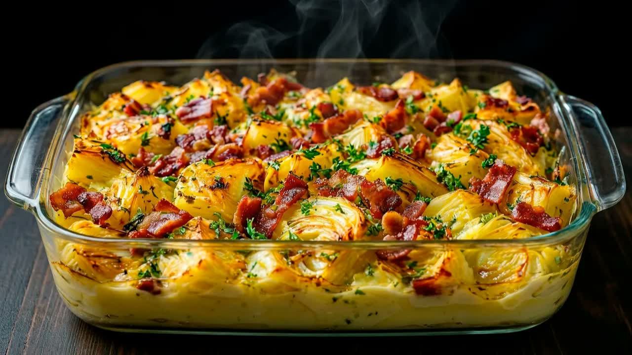 Еще не успеет остыть, как её съедят! Картофельная запеканка с капустой и беконом. смотреть онлайн