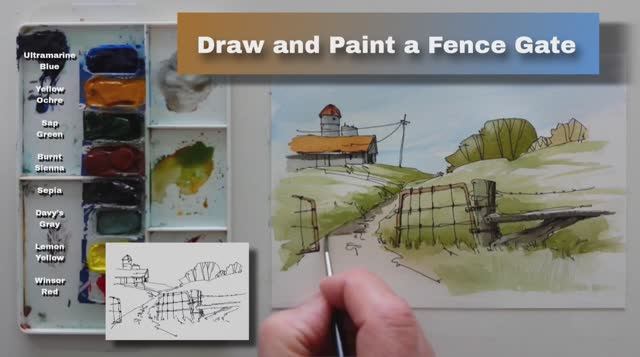 Easy way to paint Farm gate Trees Barn, Line and Wash Watercolor. Great for Beginners. смотреть онлайн
