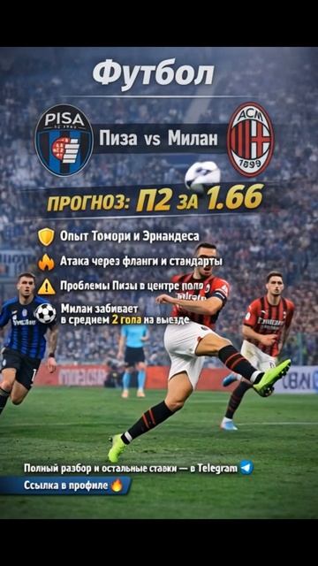 ⚽ Пиза - Милан 🗓 Дата: 13 февраля ⏰ Время: 22:45 МСК 🔥 Ставка: П2 за 1.66