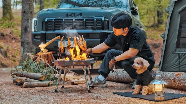RYU Camp - Camping in Forest with My Dog x Roast Fish