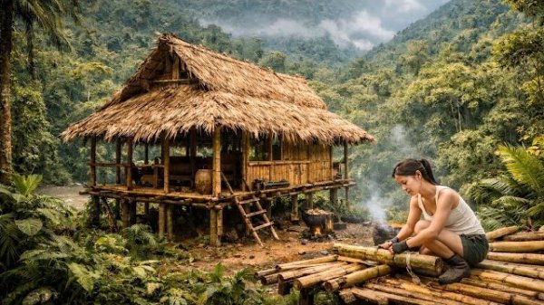 Молодая девушка потратила 365 дней на возведение бамбукового домика в джунглях Амазонки. Бушкрафт