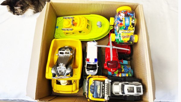 Мультики для детей и малышей. Машинки в коробке и кот, яркая весенняя гоночная трасса. Мультики