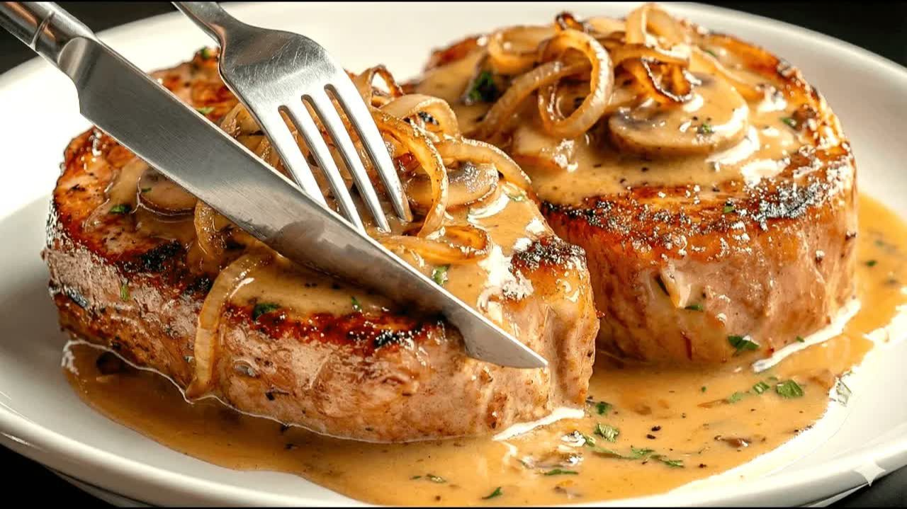 Мясо тает во рту! Свиные стейки в грибном соусе. Рецепт, который заслуживает медали! смотреть онлайн
