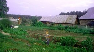 Леонардик поливает огород.