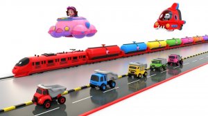 Пинки и Панда играют в самосвал и игрушечный поезд, перевозя цветные мячи.