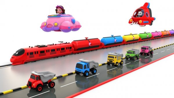 Пинки и Панда играют в самосвал и игрушечный поезд, перевозя цветные мячи.