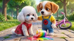 Щенок утешает белую собачку после того, как она пролила смузи 🍓🐶 Сладкая дружба и домашнее счастье