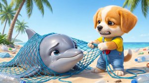 🐶 Щенок спасает дельфина, попавшего в беду 🐬 Урок доброты на пляже и забота о природе 💙🌊