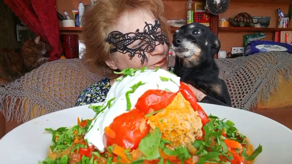 Мукбанг ГИГАНТСКИЙ Перчик со СВИНИНОЙ и ИНДЕЙКОЙ со СМЕТАНКОЙ/ у БУСИНКИ ДНЮШКА! смотреть онлайн