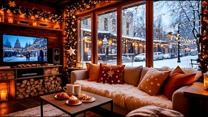 Спокойный зимний уют в кафе возле камина Красивый снегопад в городе Потрясающе красивая музыка