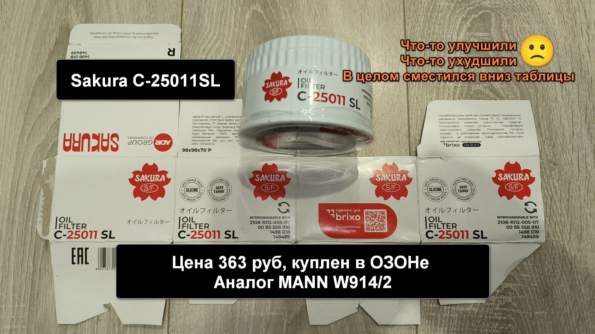 Распил масляного фильтра Sakura C-25011SL. Аналог MANN W914/2 смотреть онлайн