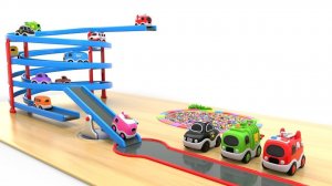 Машинки играют в бассейне с цветными шариками и на горках