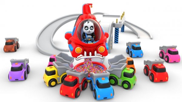 Пинки и Панда играют с цветными мячами и самосвалами