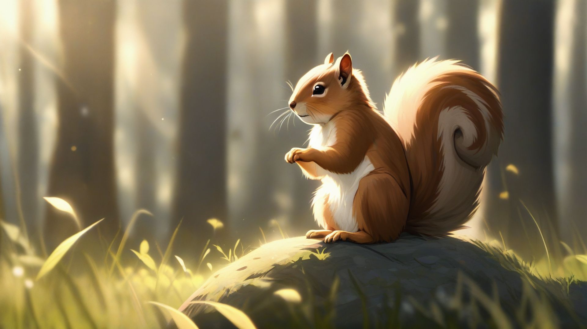 Белка замерла на лугу, падает лист — спокойная анимация природы