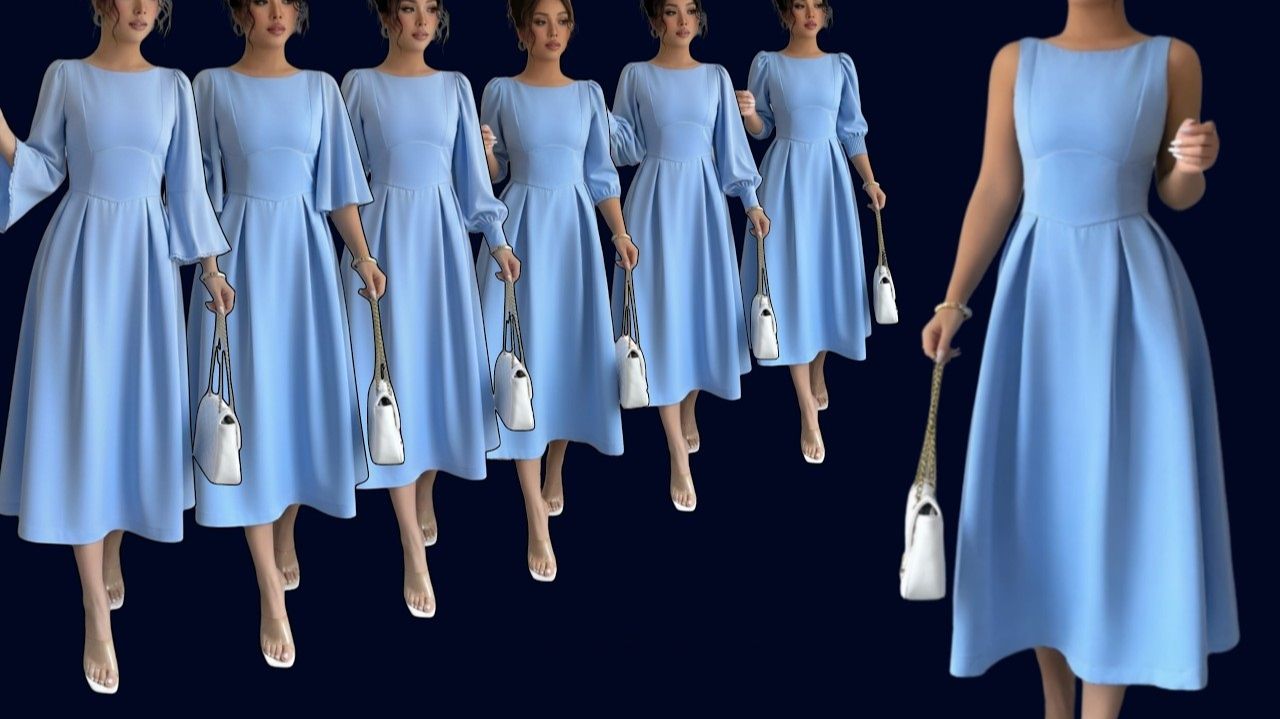 Моделирование платье-миди с расклешонной юбкой и двойными складками