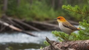 Звук природы. Птицы. Пение птицы Оливковый певун в хвойном лесу