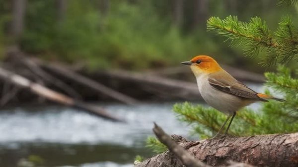Звук природы. Птицы. Пение птицы Оливковый певун в хвойном лесу