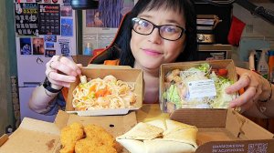 Мукбанг | Удон с креветками, Стрипсы,Салат Цезарь ,Сырный врап | Обжор Асмр