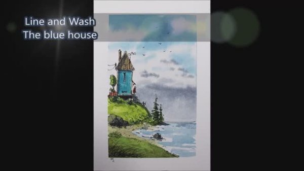 Full Real time Line and Wash coast scene blue house Crooked lines By Nil Rocha