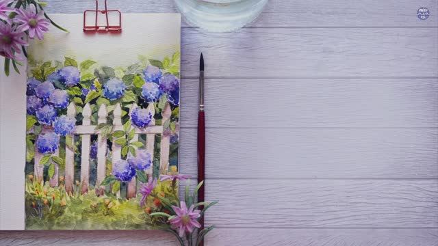 Hydrangea Picket Fence Step by Step Watercolor Tutorial смотреть онлайн