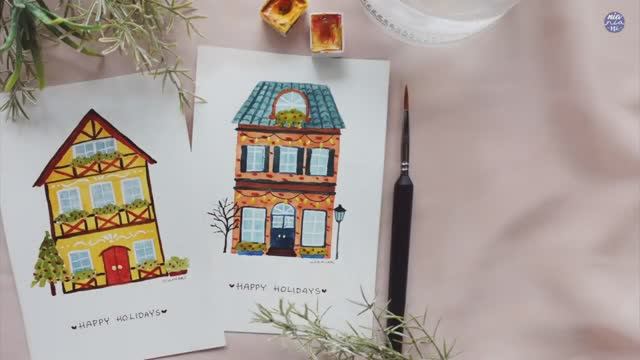 Mini Houses_ DIY Christmas cards watercolor tutorial смотреть онлайн