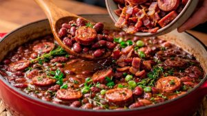 Самый вкусный ужин! Фасоль с сосисками и беконом в томатном соусе Простой рецепт сытного ужина