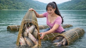 Деревенская девушка ловит огромного карпа традиционными бамбуковыми ловушками. Рыбалка на озере