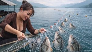 Ловлю рыбу на озере большой сетью. Невероятный день для рыбалки. Вьетнам