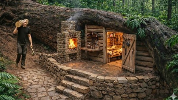 Строим тёплое и уютное убежище под гигантским упавшим деревом. Буш крафт.