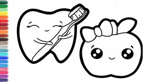 Как нарисовать милый зуб и яблоко для детей. Простой рисунок и раскраска ЗУБИКА и ЯБЛОКА для детей.
