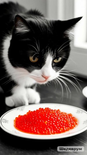 Котик завтракает красной икрой.