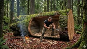 Строительство мини дома внутри дерева, бушкрафт, выживание в лесу.