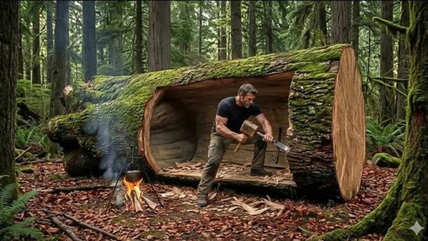 Строительство мини дома внутри дерева, бушкрафт, выживание в лесу.