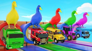 Мультяшные гигантские утки Пожарная машина Школьный автобус Трактор Самосвал пересекающие фонтан