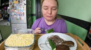Гречневая лапша, печеночные котлеты, салат мимоза/Еда/вкусная домашняя еда/мукбанг