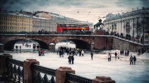 Горожане и гости Санкт-Петербурга гуляют по льду Фонтанки)