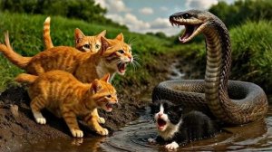 Мама-кошка и ее котята спасают Черную кошку от гигантской змеи 🐱🐍